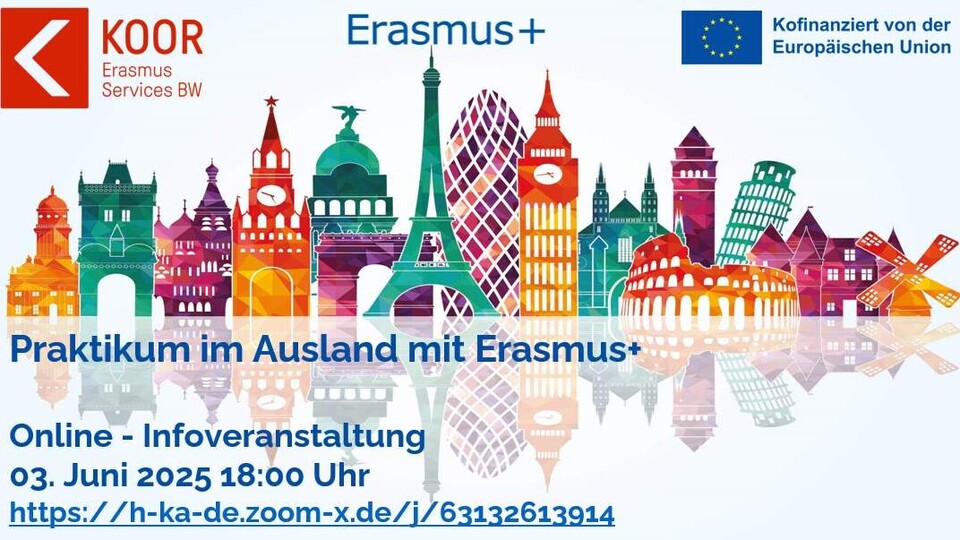 Bunte Skyline internationaler Wahrzeichen bewirbt eine Online-Infoveranstaltung zu Praktika im Ausland mit Erasmus+.
