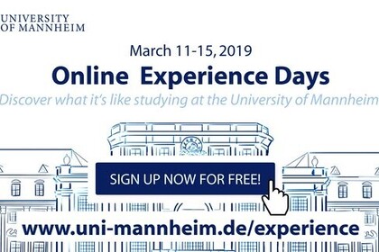 Werbegrafik für die Online Experience Days der Universität Mannheim vom 11.–15. März 2019 mit Anmeldebutton und URL.