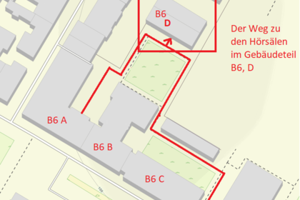 Ein Gebäudeplan mit Wegbeschreibung zu B6, gelber Untergrund, graue Gebäude und rote Wegkennzeichnung